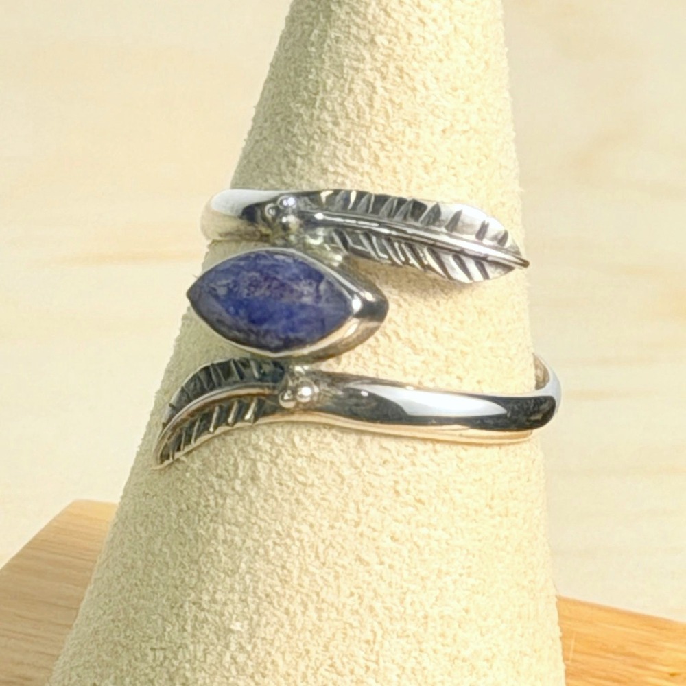 Boho Vintage Blueish Purple Lapis Lazuli 925 Silver Feather Bypass Ring Size 9 - Picture 2 of 7